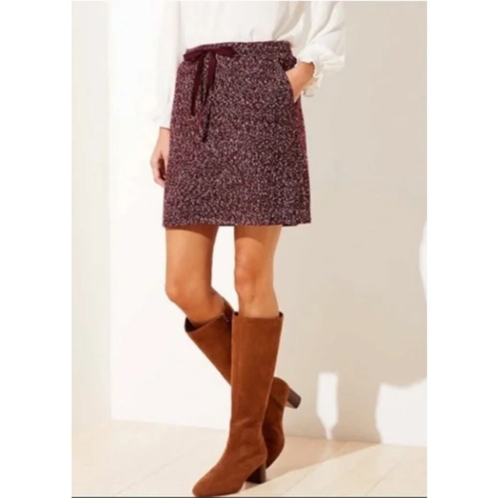 Annβ Taylor LOFT Tweed Boucle Skirt Drawstring Wine Burgundy Mini L